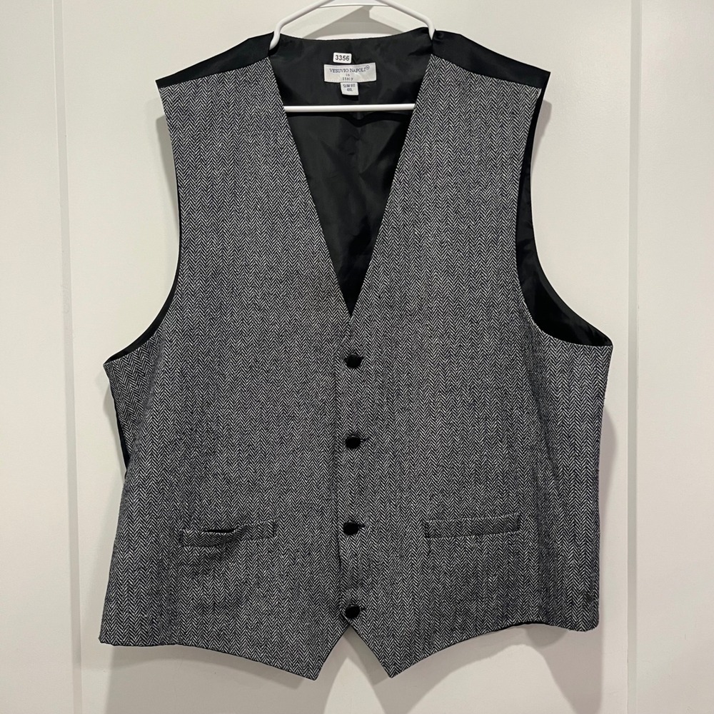 Vesuvio Napoli Men's 4XL Slim Fit Herringbone Suit Vest Grey Black Wool Blend